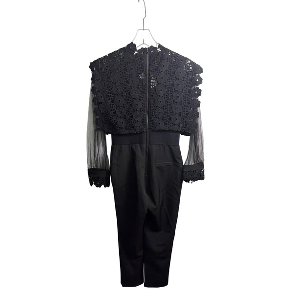 Lace & Sheer Womens Black Jumpsuit With Floral Appliqué Elegant Design Size S