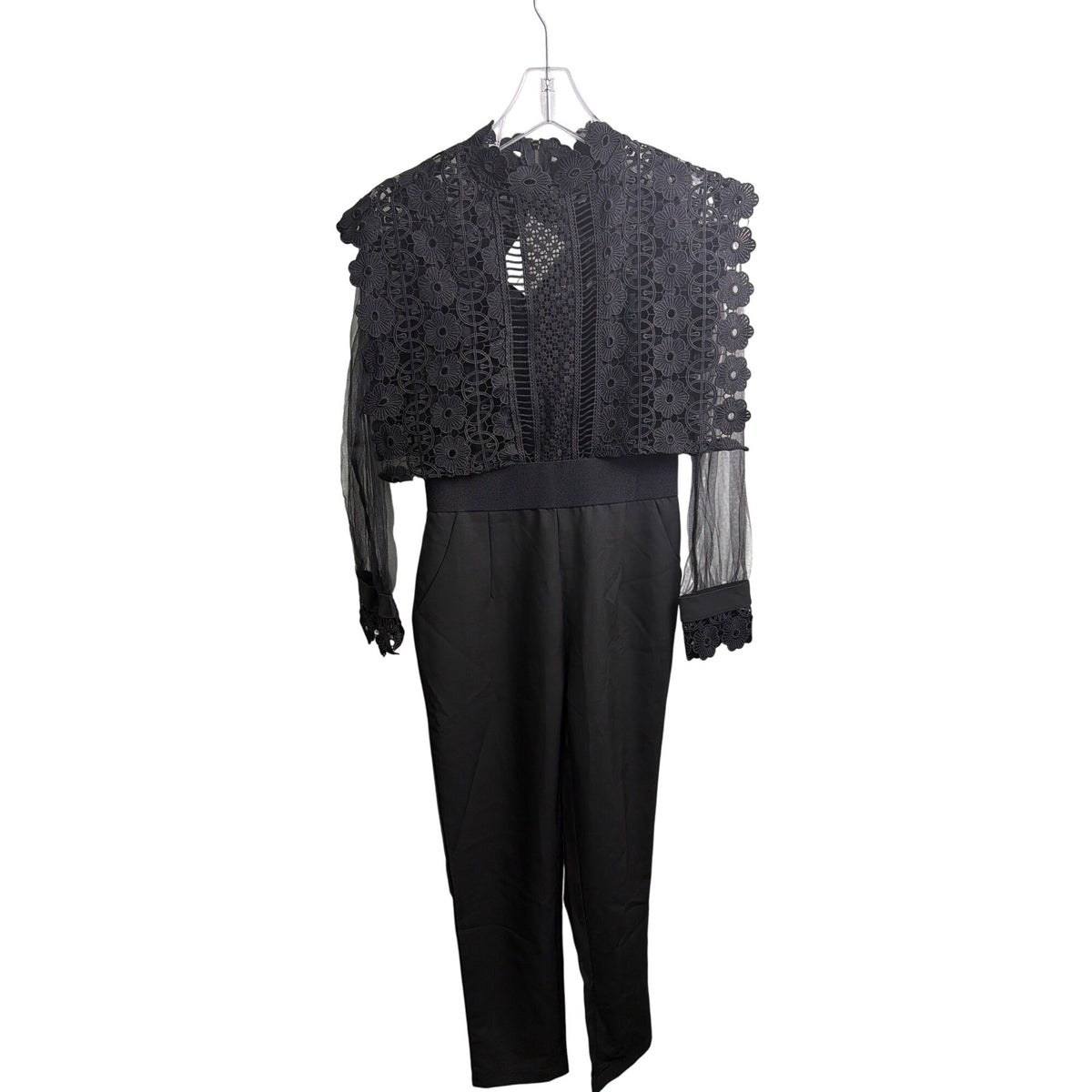 Lace & Sheer Womens Black Jumpsuit With Floral Appliqué Elegant Design Size S