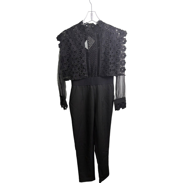 Lace & Sheer Womens Black Jumpsuit With Floral Appliqué Elegant Design Size S
