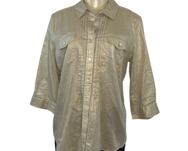 Chicos Gold Button Down Shirt Sleeve Linen Blend Women's Top Size 1 3/4