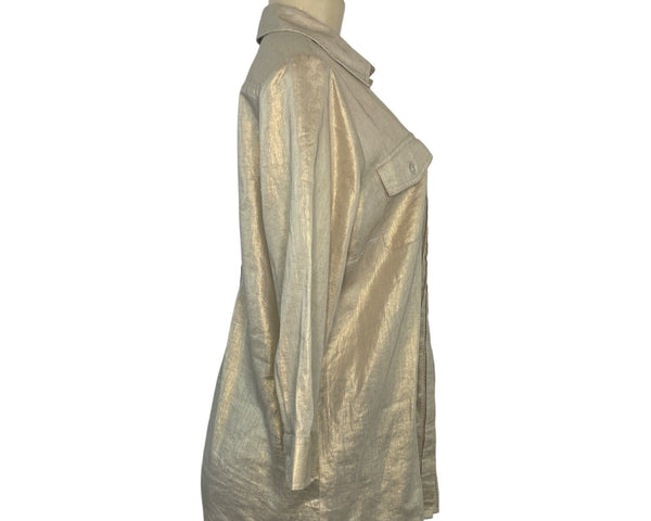 Chicos Gold Button Down Shirt Sleeve Linen Blend Women's Top Size 1 3/4