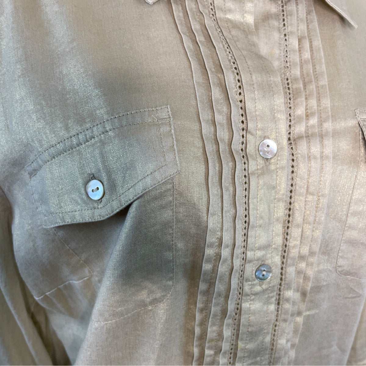 Chicos Gold Button Down Shirt Sleeve Linen Blend Women's Top Size 1 3/4