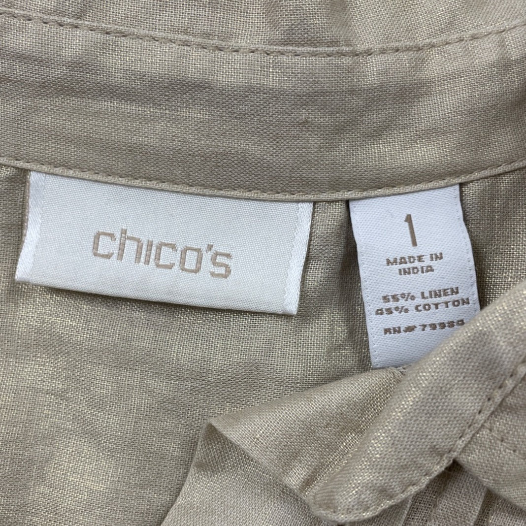Chicos Gold Button Down Shirt Sleeve Linen Blend Women's Top Size 1 3/4