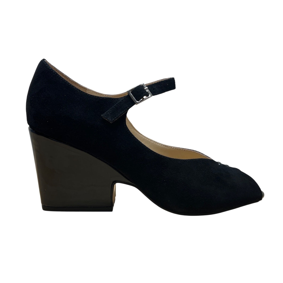 Sacha London Black Suede Peep-Toe Buckle Strap Saba Block Heel Pumps Sz 9