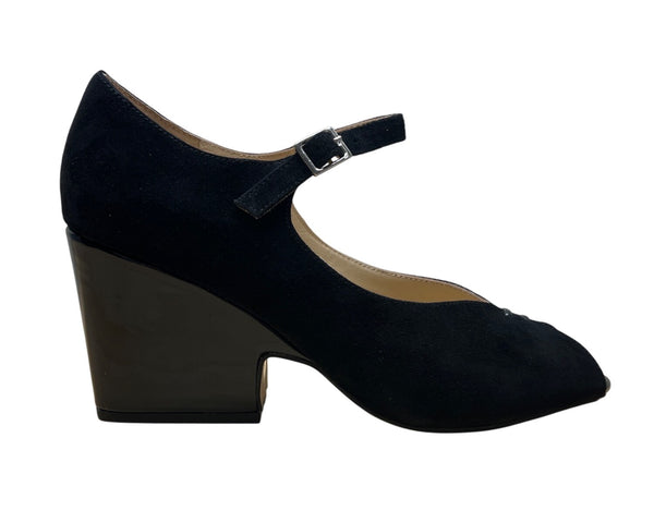 Sacha London Black Suede Peep-Toe Buckle Strap Saba Block Heel Pumps Sz 9