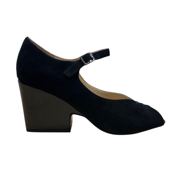 Sacha London Black Suede Peep-Toe Buckle Strap Saba Block Heel Pumps Sz 9