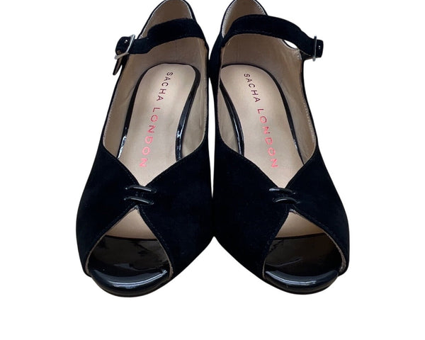 Sacha London Black Suede Peep-Toe Buckle Strap Saba Block Heel Pumps Sz 9