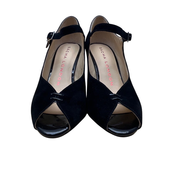 Sacha London Black Suede Peep-Toe Buckle Strap Saba Block Heel Pumps Sz 9