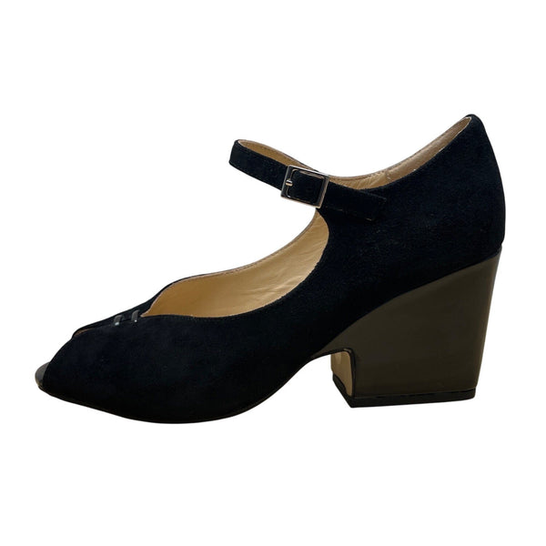 Sacha London Black Suede Peep-Toe Buckle Strap Saba Block Heel Pumps Sz 9