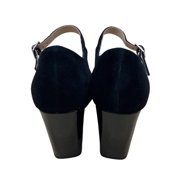 Sacha London Black Suede Peep-Toe Buckle Strap Saba Block Heel Pumps Sz 9