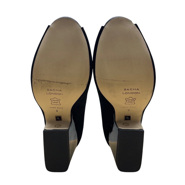 Sacha London Black Suede Peep-Toe Buckle Strap Saba Block Heel Pumps Sz 9