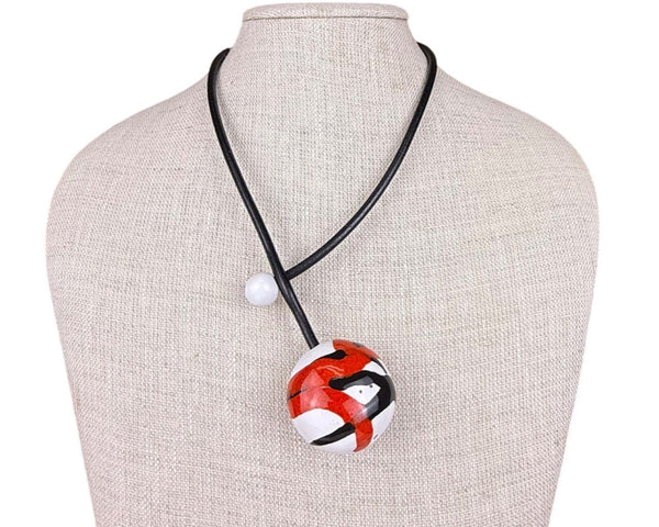 Handmade Ceramic And Leather Pendant Necklace Red/Black/White Adjustable