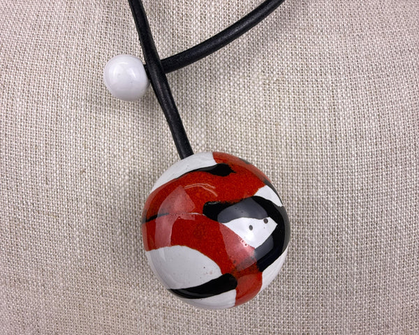 Handmade Ceramic And Leather Pendant Necklace Red/Black/White Adjustable