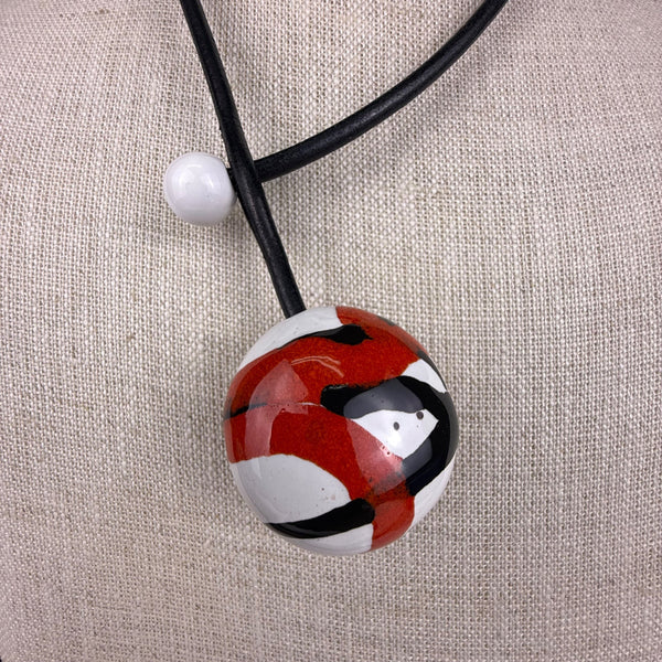 Handmade Ceramic And Leather Pendant Necklace Red/Black/White Adjustable