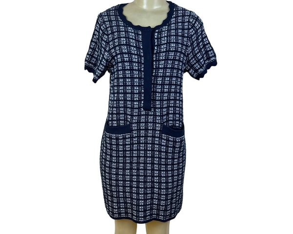 Free Assembly Navy/White Plaid Knit Dress Womens Short Sleeves Sz S