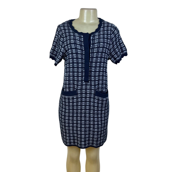 Free Assembly Navy/White Plaid Knit Dress Womens Short Sleeves Sz S