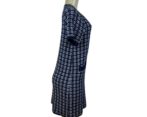 Free Assembly Navy/White Plaid Knit Dress Womens Short Sleeves Sz S