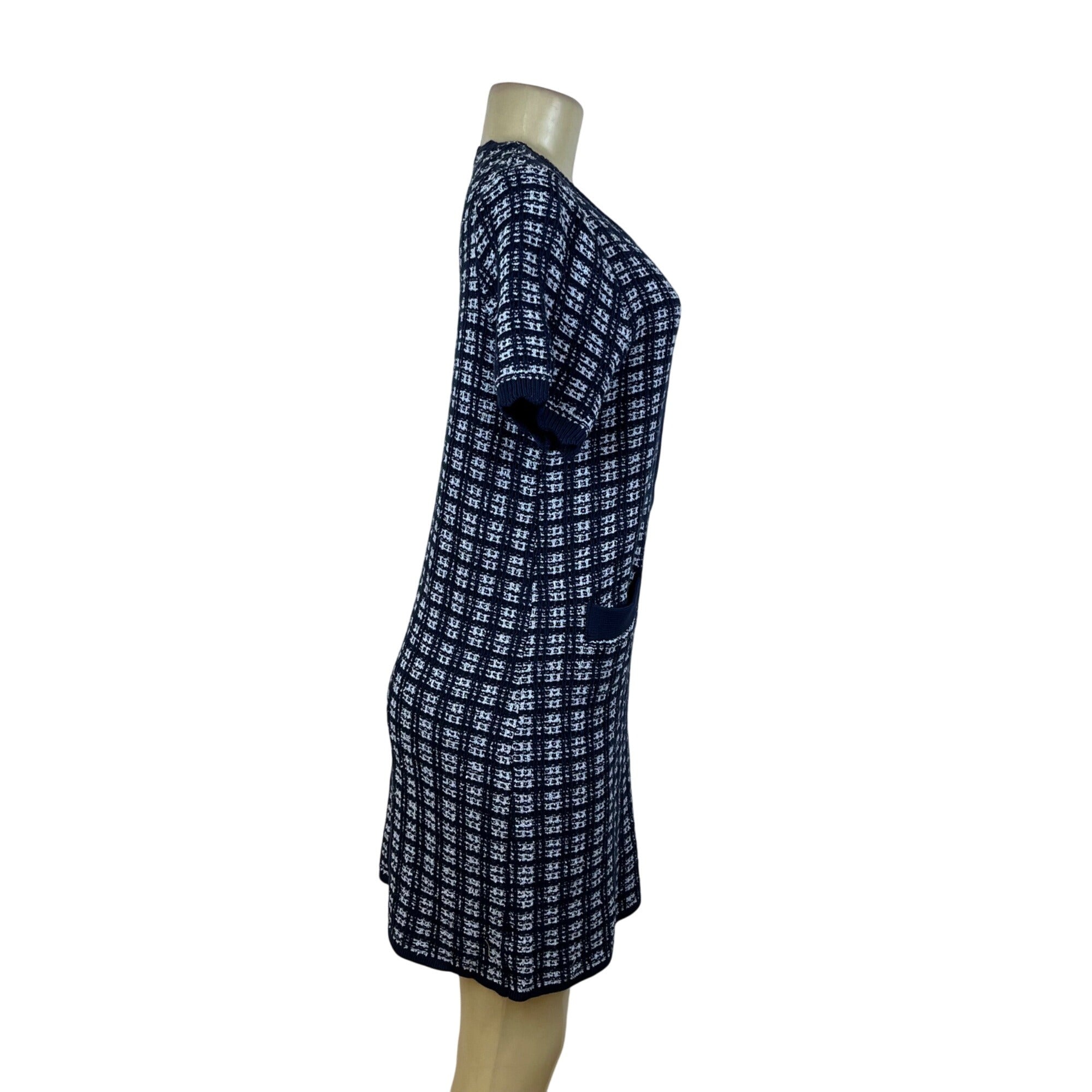 Free Assembly Navy/White Plaid Knit Dress Women's Short Sleeves Size S Free Assembly Navy/White Plaid Knit Dress Women's Short Sleeves Size S