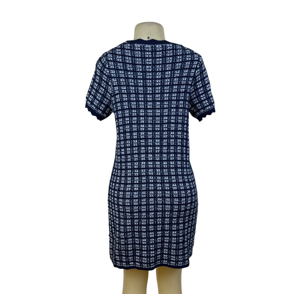 Free Assembly Navy/White Plaid Knit Dress Womens Short Sleeves Sz S