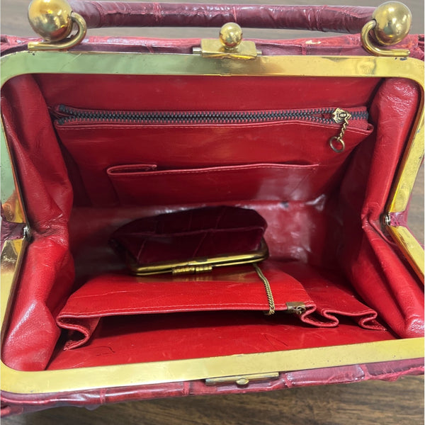 Vintage Unbranded Women's Red Croco Embossed Leather Evening Clutch Bag Sz M