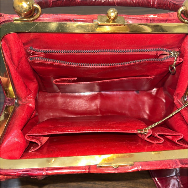 Vintage Unbranded Women's Red Croco Embossed Leather Evening Clutch Bag Sz M