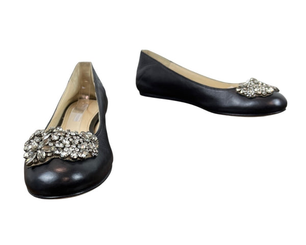 Vera Wang Lavender Women Black Calf Leather Rhinestone Embellishment Flats Sz 10