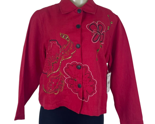 Studio Works Womens Red Multi Embroidered Button-Front Jacket Petite Sz L - New