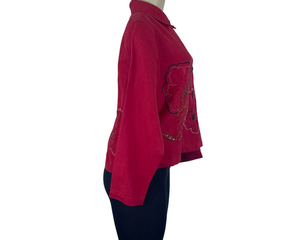 Studio Works Womens Red Multi Embroidered Button-Front Jacket Petite Sz L - New
