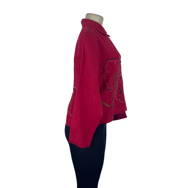 Studio Works Womens Red Multi Embroidered Button-Front Jacket Petite Sz L - New