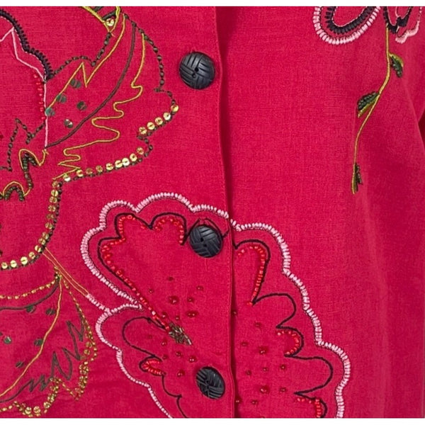 Studio Works Womens Red Multi Embroidered Button-Front Jacket Petite Sz L - New