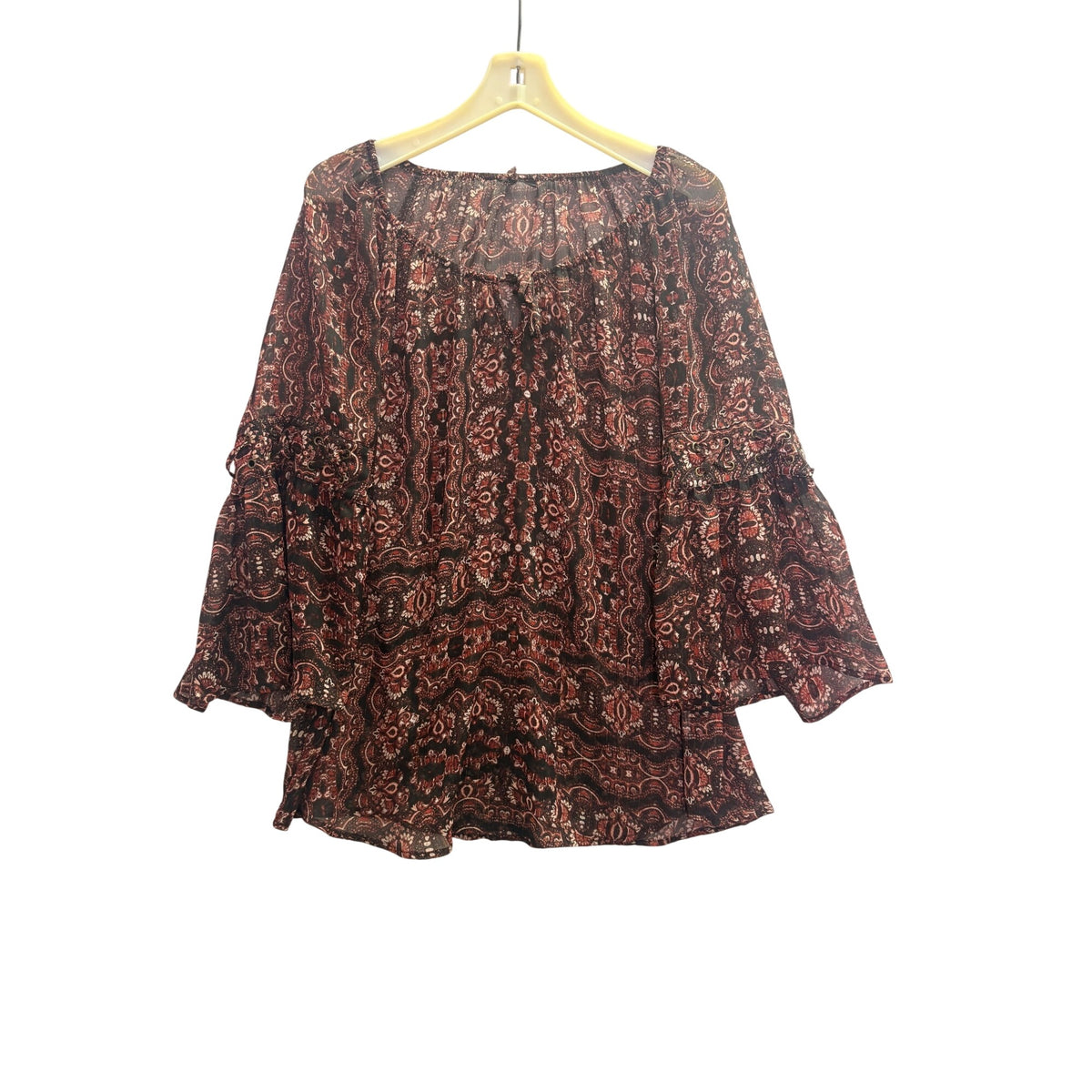 Womens Brown & Black Paisley Boho Top With Bell Sleeves