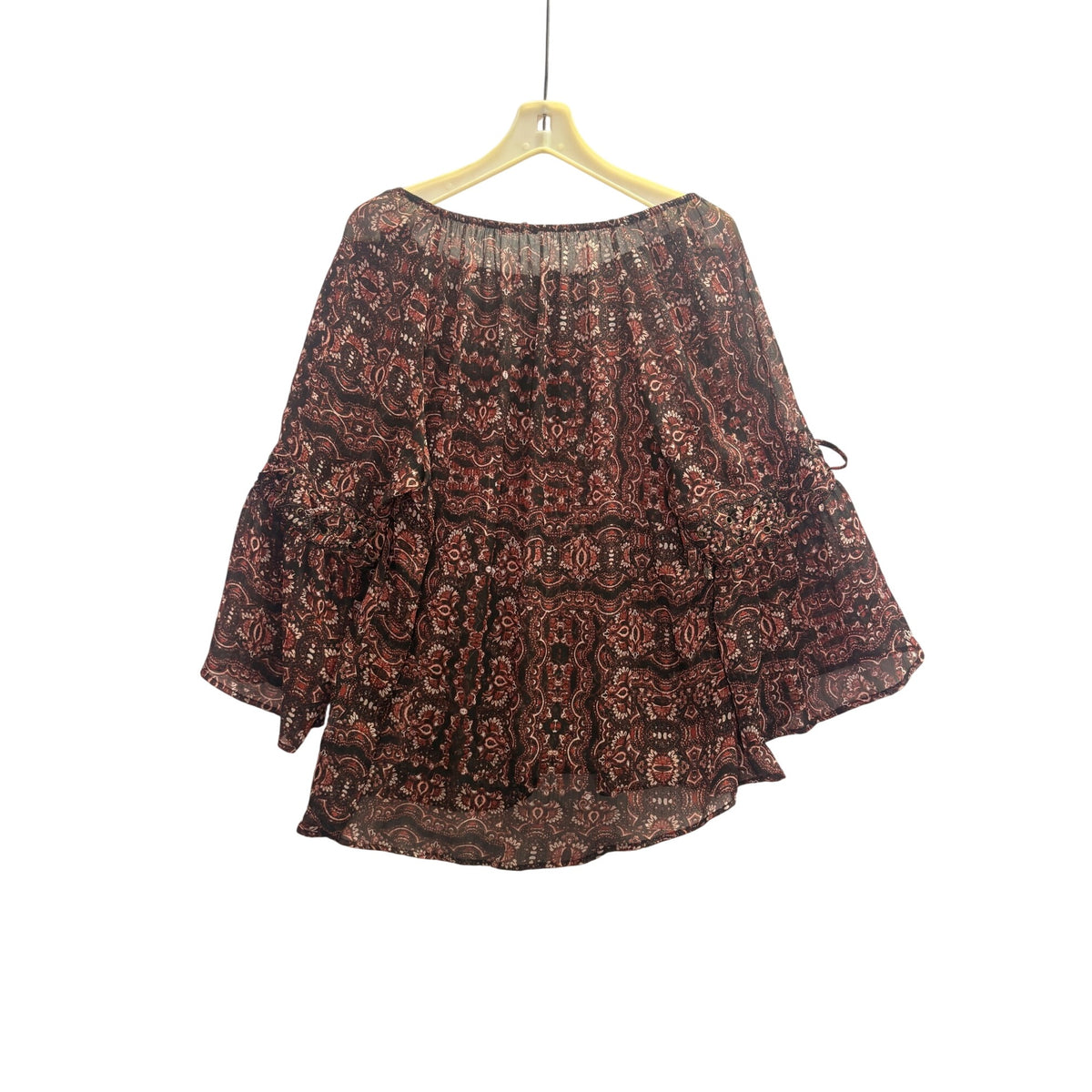 Womens Brown & Black Paisley Boho Top With Bell Sleeves