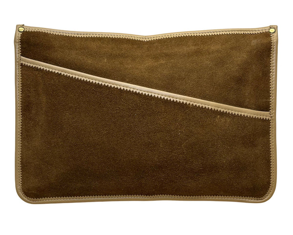 Brown Suede & Leather Zippered Clutch Bag