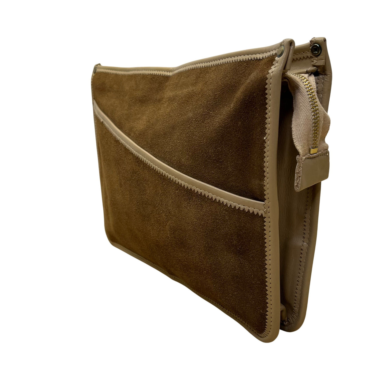 Brown Suede & Leather Zippered Clutch Bag
