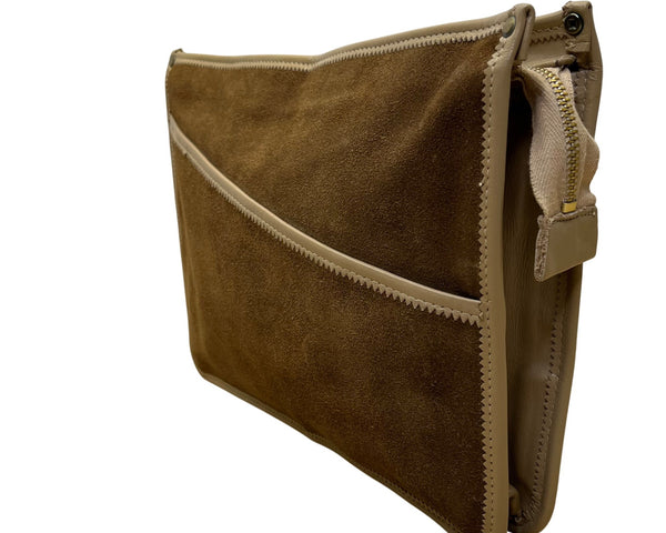 Brown Suede & Leather Zippered Clutch Bag