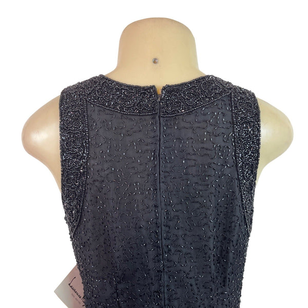 Lawrence Kazar Black Cocktail Mini Dress Sleeveless Back Slit Size M - New