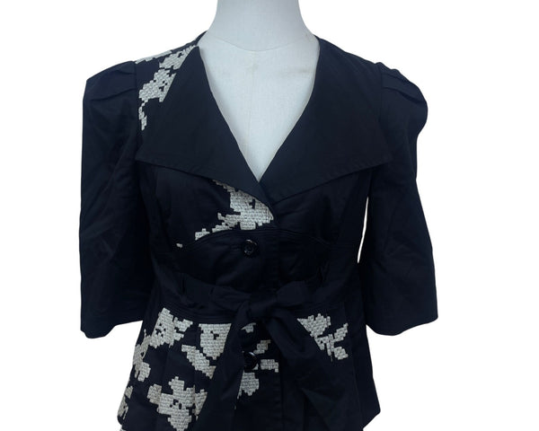 Elevenses Women's Black & White Embroidered Wrap Button Front Jacket Size 2