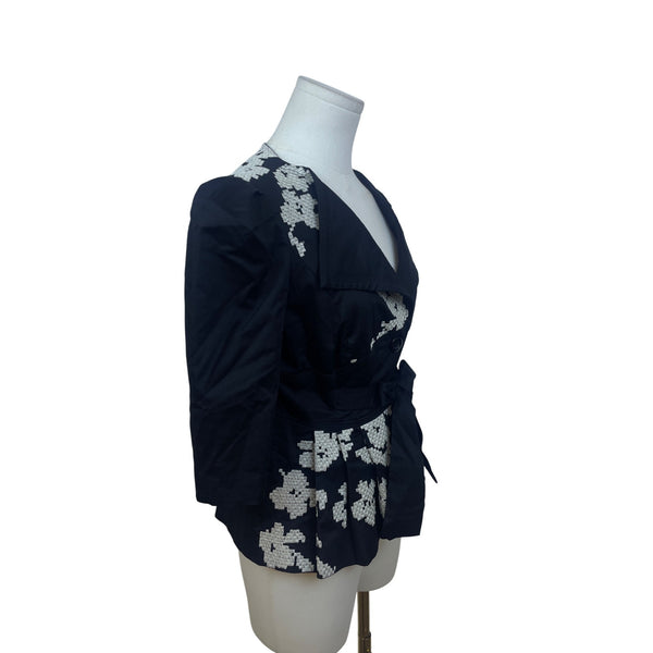 Elevenses Womens Black & White Embroidered Wrap Button-Front Jacket Sz 2