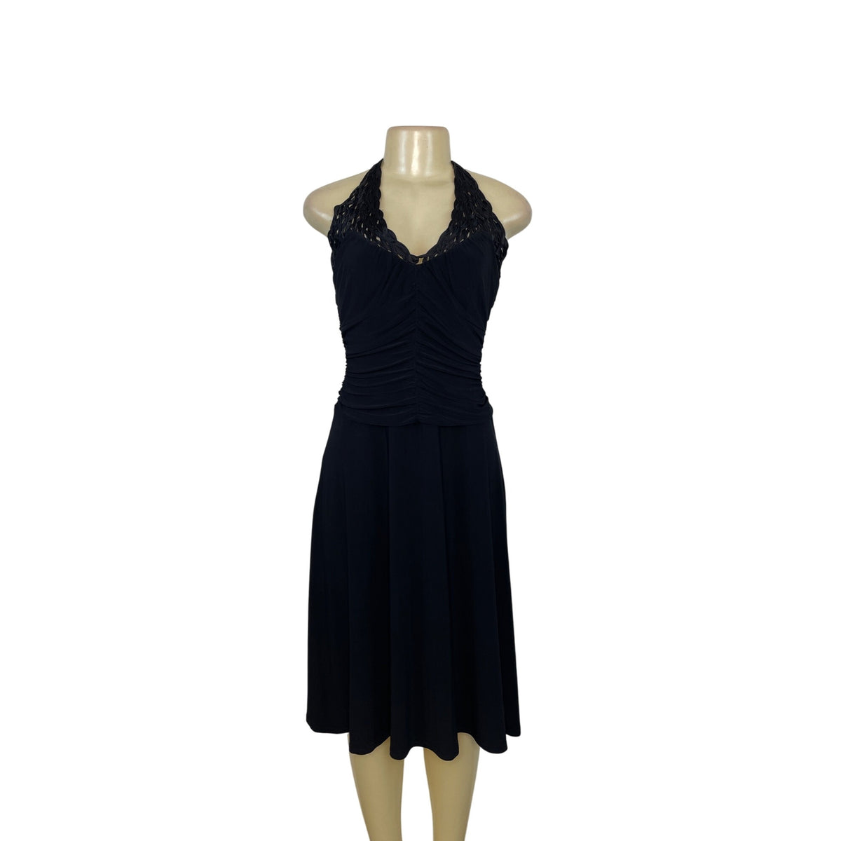 Algo Black Halter Midi Dress With Ruched Bodice & Lace Neckline Womens Size 6