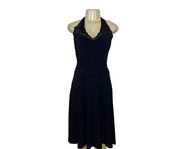 Algo Black Halter Midi Dress With Ruched Bodice & Lace Neckline Womens Size 6