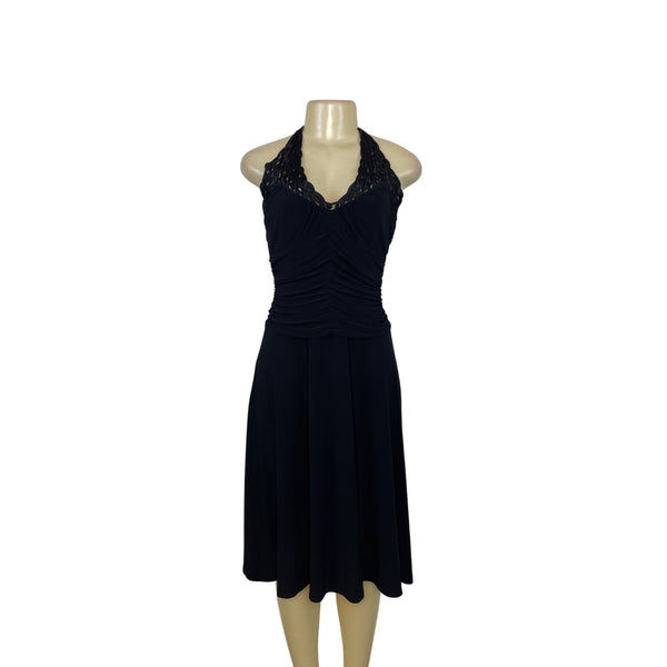Algo Black Halter Midi Dress With Ruched Bodice & Lace Neckline Womens Size 6