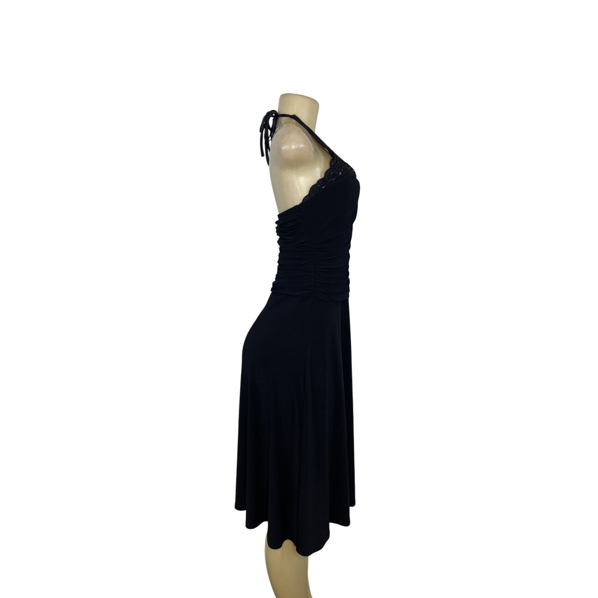 Algo Black Halter Midi Dress With Ruched Bodice & Lace Neckline Womens Size 6