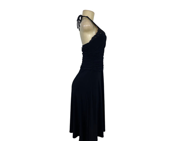 Algo Black Halter Midi Dress With Ruched Bodice & Lace Neckline Womens Size 6