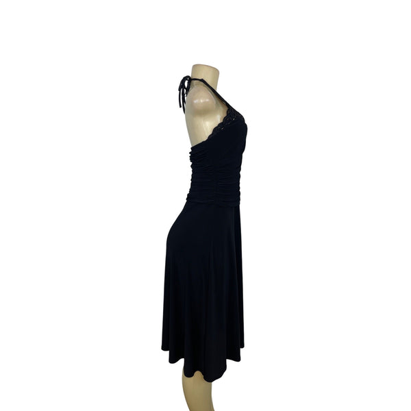Algo Black Halter Midi Dress With Ruched Bodice & Lace Neckline Womens Size 6