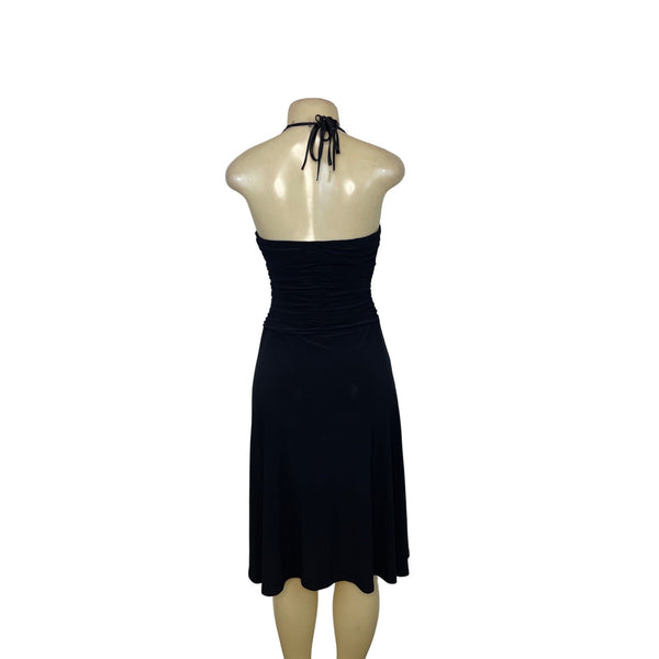 Algo Black Halter Midi Dress With Ruched Bodice & Lace Neckline Womens Size 6