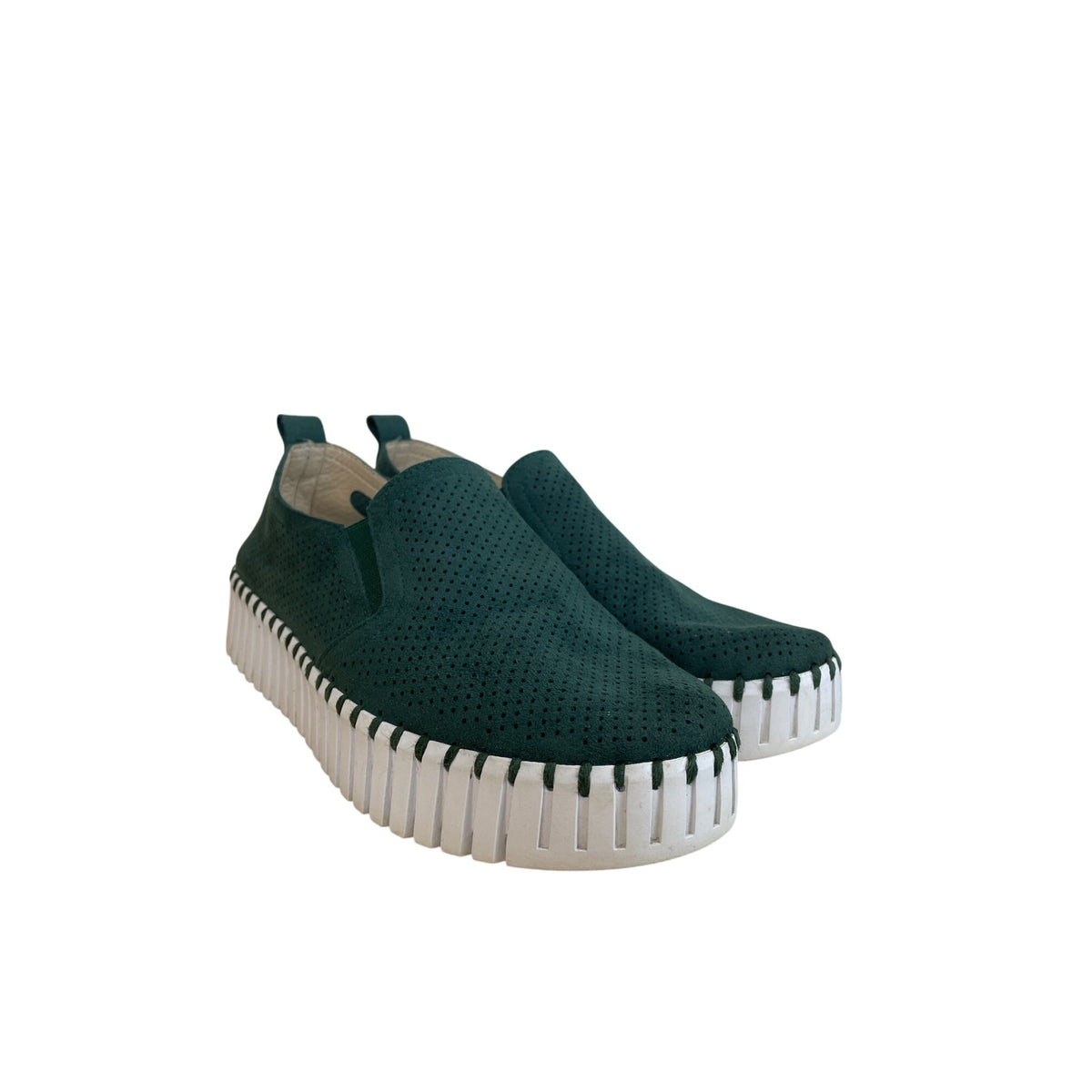 Ilse Jacobsen Womens Green Suede Perforated Slip-On Shoes Size 38 Comfortable Casual