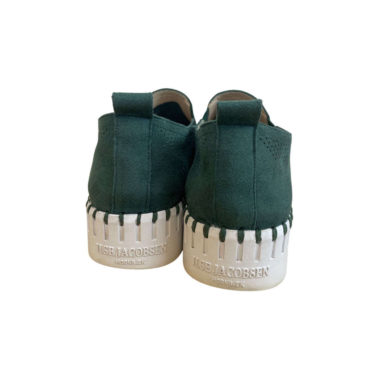 Ilse Jacobsen Womens Green Suede Perforated Slip-On Shoes Size 38 Comfortable Casual