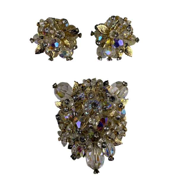 Vintage Vendome Gold Tone Aurora Borealis Crystal Brooch & Matching Clip-On Earrings Set