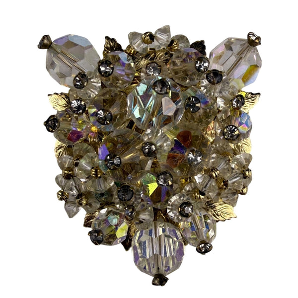 Vintage Vendome Gold Tone Aurora Borealis Crystal Brooch & Matching Clip-On Earrings Set