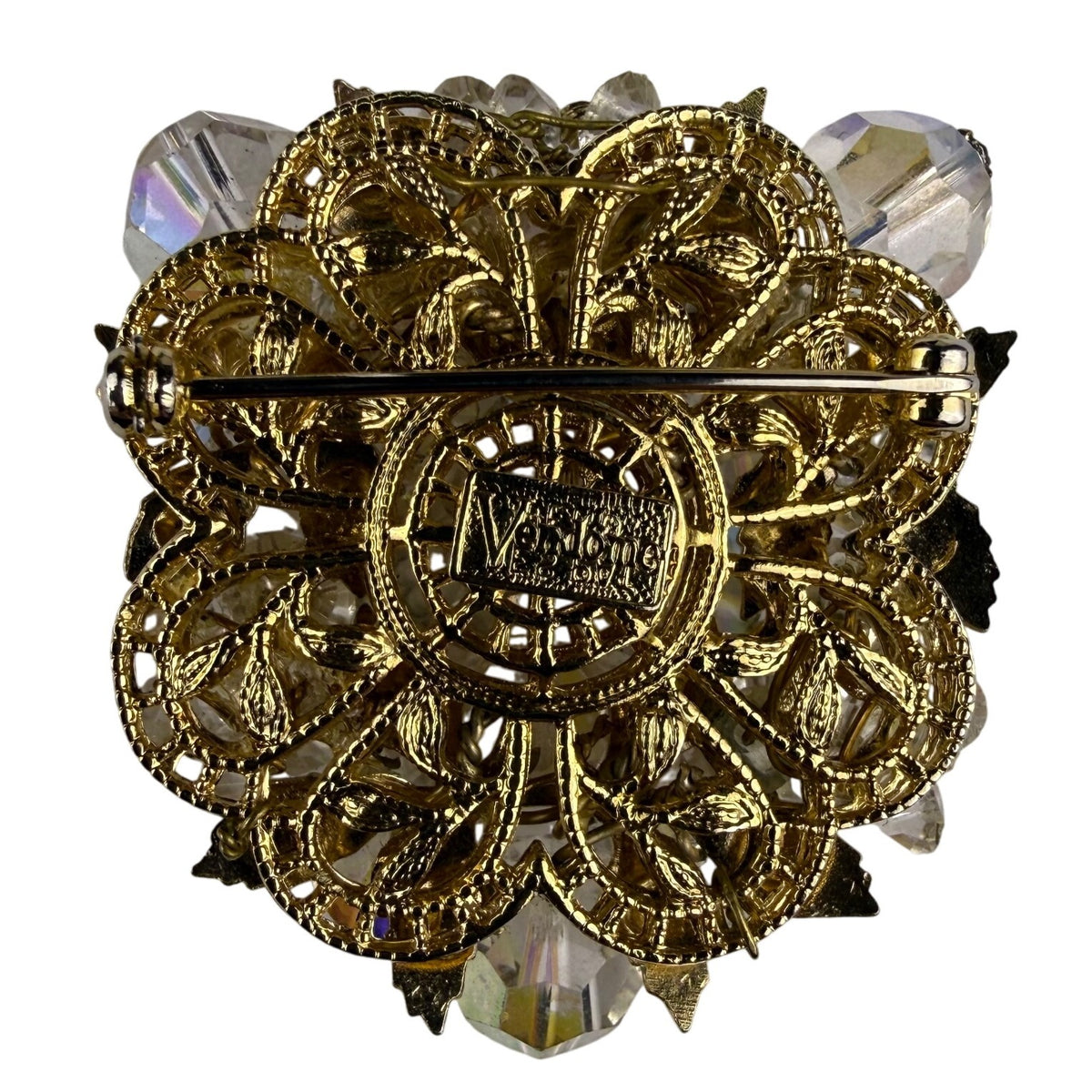 Vintage Vendome Gold Tone Aurora Borealis Crystal Brooch & Matching Clip-On Earrings Set